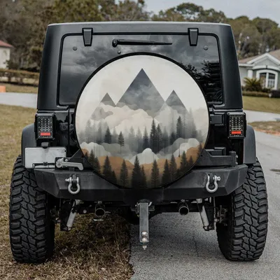 Mountain Forest Landscape Spare Tire Cover, Adventure Camping Theme, Nature Travel Style, Waterproof Vinyl Wheel Protector Spare Tire Cover