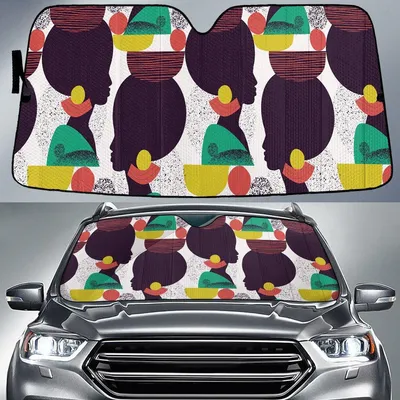 Yellow Green Tone Black African Woman Vintage Style White Dot Pattern Car Sun Shades Cover Auto Windshield PrintSyde