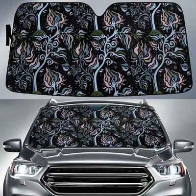 Blue And Pink Line Tropical Flower Tree Plant Black Theme Car Sun Shades Cover Auto Windshield PrintSyde