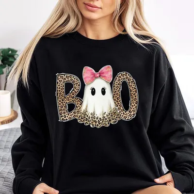 Preppy Ghost Boo Sweatshirt, Leopard Spooky Coquette Sweatshirt, Halloween Sweatshirt, Fall Sweatshirt, Trendy Sweatshirt, Trendy Halloween Sweatshirt