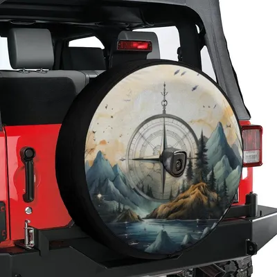 Spare Tire Cover, Compass Mountain Design, Adventure Themed, Waterproof Wheel Protector, Heavy Duty All-Weather Universal Fit Spare Tire Cover