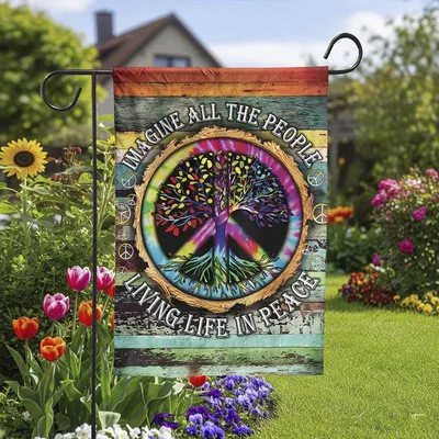 Vertical Garden - Hippie Peace Sign Flag Imagine All The People Living Life In Peace Flag Vertical Garden Flag