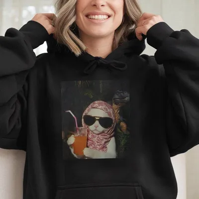 Just A Chill Girl Vintage Graphic Hoodie Cat And Dinosaur Hoodie Unisex Meme Cringe Funny Dumb Hoodie Menswear Womenswear