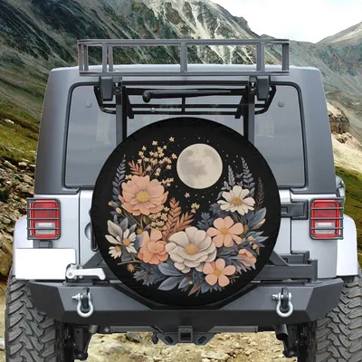 Boho Spare Tire Cover With Moon And Flowers, Moon Tire Cover For Jeep For Bronco, Backup Camera Hole, Boho Car Accessories For Women Spare Tire Cover