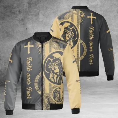 Faith Over Fear Jesus Cross Bomber, Christian Religious Apparel, Wonderful For Worship, Bible Study, And Daily Inspiration Bomber Jacket