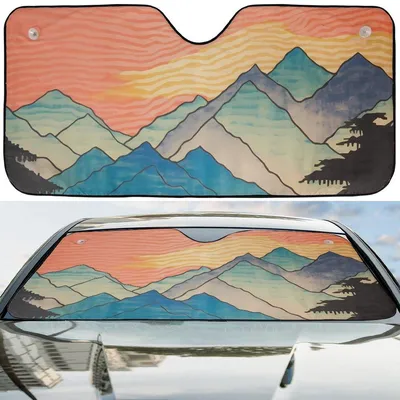 Abstract Mountain Sunset Car Sun Shade, Colorful Landscape Artwork, Blue Green Peaks, Retro Windshield Visor, Nature Art Car Sunshade