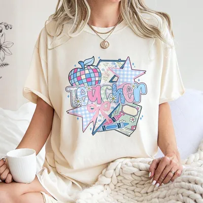 Boho Brushstroke Teacher Floral Coquette Bow T-Shirt, Teach Love Inspire T-Shirt, Retro Teaching Life Gift, Grandmillennial Floral Teacher T-Shirt