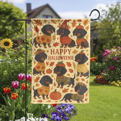 Happy Halloweenie Garden Flag, Dachshund Halloween Yard Decor, Fall Pumpkin Outdoor Banner, Cute Wiener Dog Porch Decoration Vertical Garden Flag