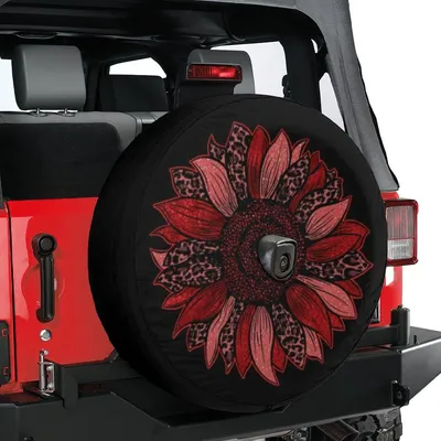 Spare Tire Cover With Red Sunflower, Red Cheetah Sunflower Wheel Cover, Sunflower Tire Cover , For Bronco, Red Car Spare Tire Cover
