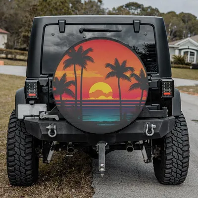 Retrowave Palm Tree Sunset Spare Tire Cover - 80s Vibe Tropical Beach Art, Orange Red Coastal Graphic, Universal Waterproof Tire Protector Spare Tire Cover
