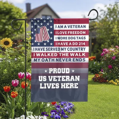 Vertical Garden Flag, Proud Us Veteran Lives Here, American Flag Dog Tag Military Service Quote, Patriotic Home Garden Decor Vertical Garden Flag
