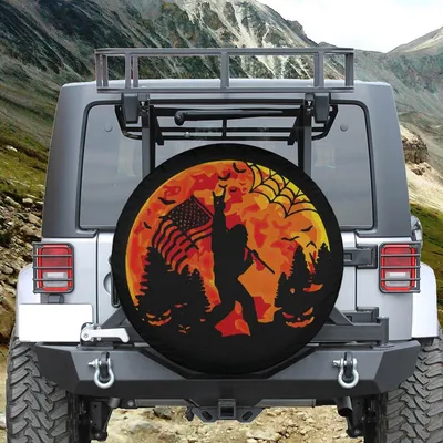 Patriotic Halloween Spare Tire Cover, American Flag Moon Scene, Spooky Forest Silhouette Design, Unique Fall Decoration Spare Tire Cover