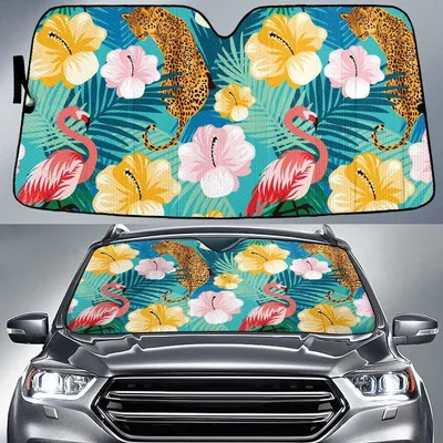 Flamingo And Jaguar Couple Over Colorful Hawaiian Hibiscus Flowers Car Sun Shades Cover Auto Windshield PrintSyde