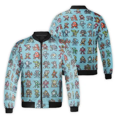 Retro Pixel Heroes Windproof Bomber Jacket, 8-Bit Video Game Pattern Outerwear, Vintage Gamer Streetwear Bomber Jacket