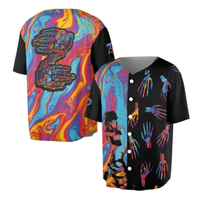 Psychedelic Skeleton Baseball Jersey, Trippy Skull Art Baseball Jersey, Vibrant Streetwear Top, Unisex Fashion