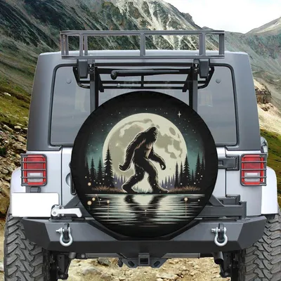 Bigfoot Night Forest Spare Tire Cover, Sasquatch Under The Stars Design, Adventure Camping Car Accessory Spare Tire Cover