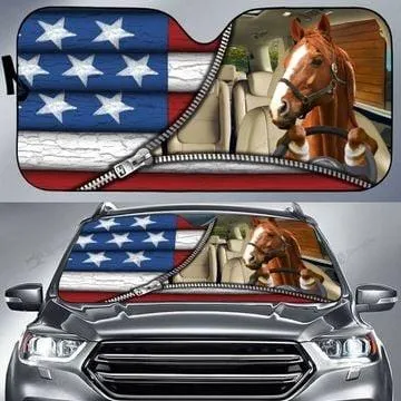 Horse US Zipper Pattern Car Sun Shade, Best Car Sunshade For Farm Lovers