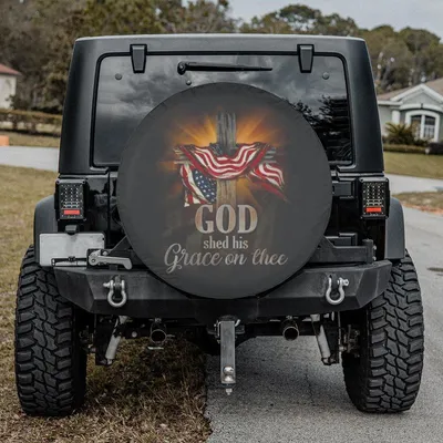 Jesus Cross Usa Flag Spare Tire Cover, Patriotic Christian Design, God Shed His Grace On Thee Theme, Faith And Freedom Car Accessory Gift For Believers Spare Tire Cover