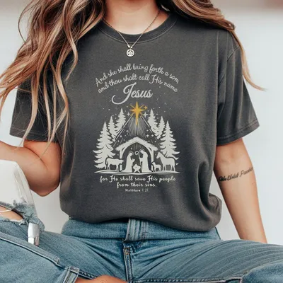 Boho Jesus Christmas She Shall Bring Forth A Son Crewneck T-Shirt Come Let Us Adore Him Nativity Scene Christian