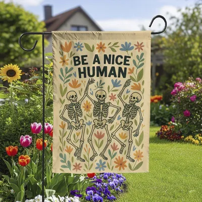 Be A Nice Human Skeleton Garden Flag – Funny Floral Halloween Yard Decor For Fall Outdoor Display, Kindness Quote Seasonal Banner Vertical Garden Flag
