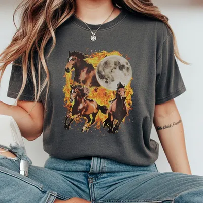 Wild Horse Vintage T-Shirt Fire Stallion Graphic T-Shirt Moonlit Grunge T-Shirt For Western Horse Lovers Spirit Animal