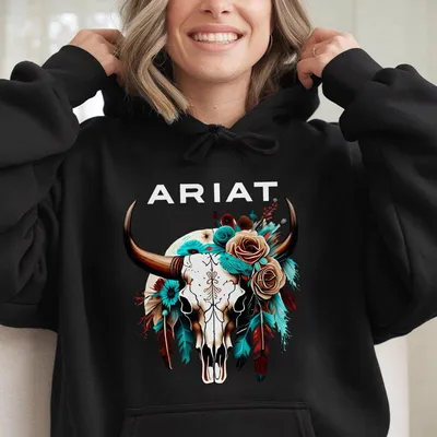 Ariat Hoodie,Featuring A Wild Bull Skull Design With Intricate Floral Patterns,Perfect For Outdoor Adventures Classic