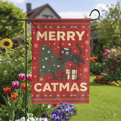 Merry Catmas Garden Flag, Funny Christmas Cat Yard Decor, Holiday Outdoor Flag, Black Cat Xmas Decoration, Cat Lover Gift Vertical Garden Flag