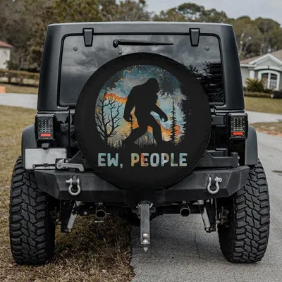Sasquatch Silhouette Spare Tire Cover, Ew People Funny Quote, Weatherproof Cryptid Wheel Cover, Universal Accessory Spare Tire Cover