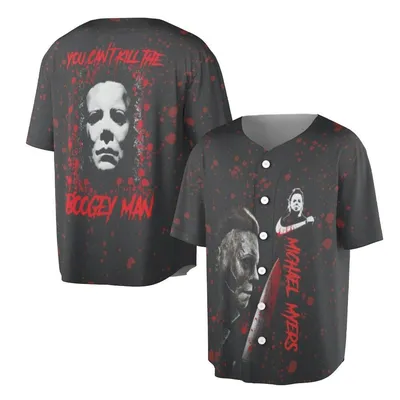 Michael Myers Polo Baseball Jersey, You Can’T Kill The Boogeyman Quote, Knife And Mask Graphic, Red Blood Splatter Horror Style