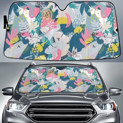 Pink Flamingo Animal Acera Tropical Leaf Colorful Drawing Style Car Sun Shades Cover Auto Windshield PrintSyde