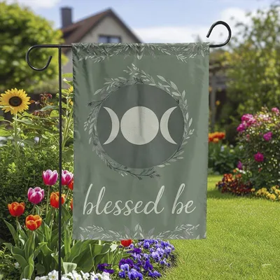 Blessed Be House Flag With Triple Moon Wreath Design, Wiccan Pagan Outdoor Yard Banner For Spiritual And Seasonal Decor Vertical Garden Flag
