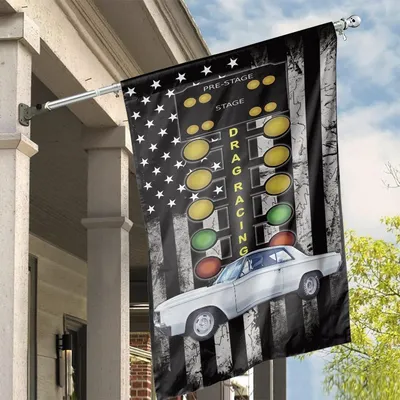 Drag Racing American House Flag, Muscle Car & Christmas Tree Lights On Distressed U.S. Flag Vertical House Flag