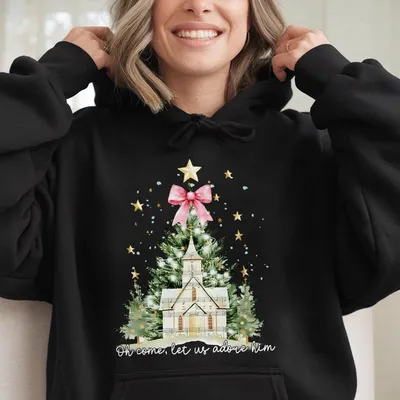 Oh Come Let Us Adore Him Hoodie, Watercolor Christmas Tree Girly, Jesus Christmas Coquette Bow Tree Hoodie, Christmas Lights Hoodie