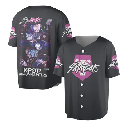 Saja Boys Baseball Jersey, Kpop Demon Hunters Baseball Jersey, Anime Streetwear Top, Neon Purple Graphic Fashion