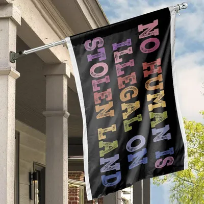 American House Flag, Elegant Floral “We Rise By Lifting Others” Butterfly Garden Design Horizontal House Flag