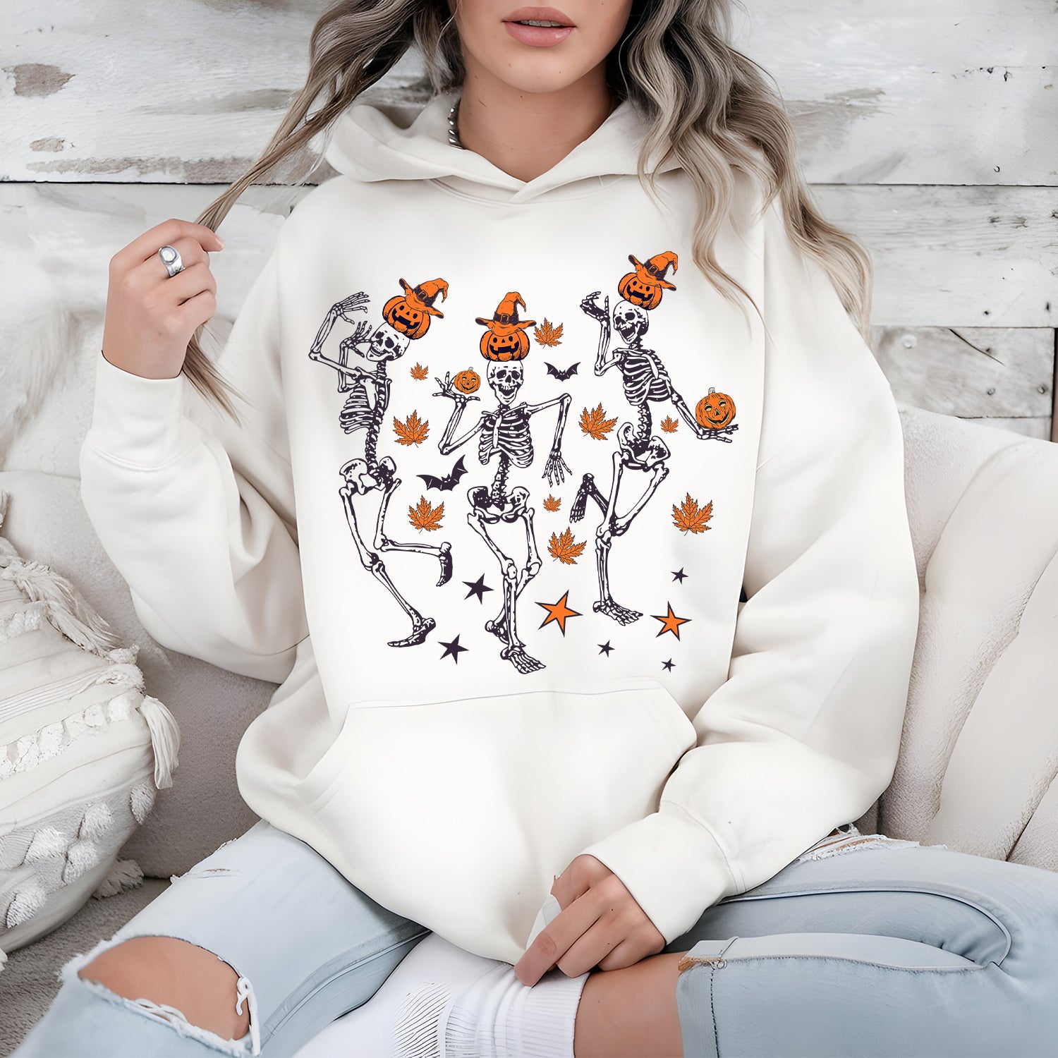 Halloween Hoodie – Pumpkin Skeleton Graphic Cozy Sweatshirt