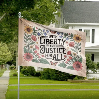 Floral Liberty House Flag, “With Liberty And Justice For All” With Butterflies And Patriotic Flowers Horizontal House Flag