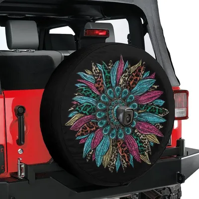 Spare Tire Cover, Colorful Sunflower Leopard Print, Western Boho Flower Art, Waterproof Universal Wheel Protector Spare Tire Cover