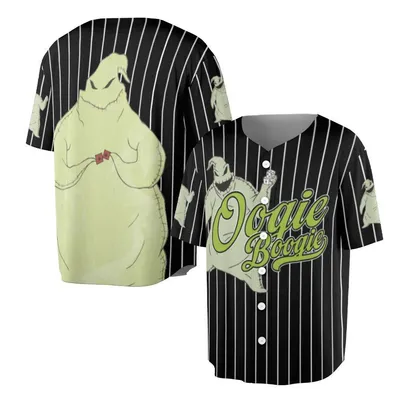 Oogie Boogie Baseball Jersey, Nightmare Before Christmas, Halloween Tim Burton Fan Gear, Green Pinstripe Baseball Jersey