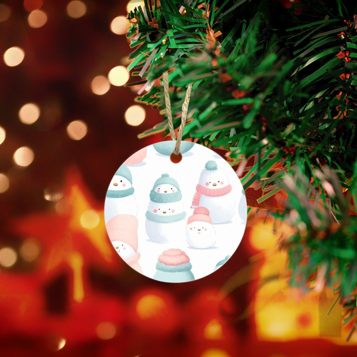Pastel Snowman and Santa Pattern Christmas Tree Ornament