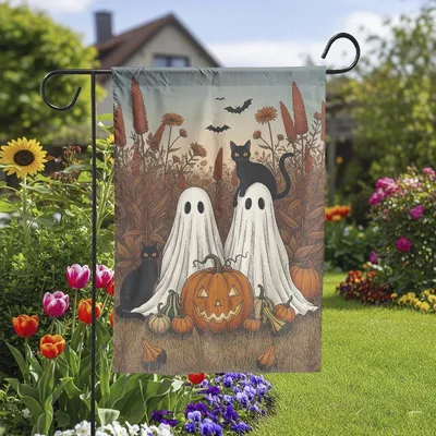 Halloween Couple Ghosts And Black Cats Garden Flag, Spooky Fall Outdoor Pumpkin Yard Banner, Autumn Harvest Decor For Porch Or Lawn Vertical Garden Flag