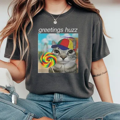 Greetings Huzz Funny Gen Z Gen Alpha Slang Meme T-Shirt Cat Meme T-Shirt Classic Cotton T-Shirt Printed