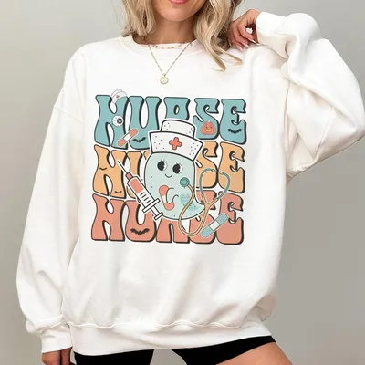 Halloween Sweatshirt For Women Nurse Nurse Nurse Graphic With Cute Ghost Nurse Pumpkin Syringe And Medical Icons Kawaii