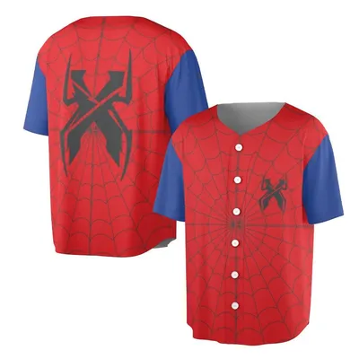 Spider Web Baseball Jersey, Red Black Spider Logo Baseball Jersey, Superhero Costume Top, Halloween Outfit, Unisex Jersey