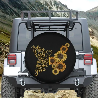 Make Your Heart The Prettiest Thing About You Sunflower Spare Tire Cover, Inspirational Quote Floral Design, Positive Kindness Boho Art Spare Tire Cover