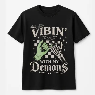 Funny Halloween Vibin With My Demons T-Shirt, Spooky Season Halloween Vibes T-Shirt, Retro Halloween Vibes T-Shirt Tops Womenswear Streetwear