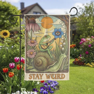 Stay Weird Garden Flag, Funny Frog Playing Guitar Outdoor Decor, Boho Retro Garden Banner, Hippie Nature Lover Flag Vertical Garden Flag