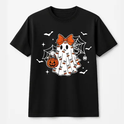 Youth And Adult Spooky Ghost With Bow & Pumpkin T-Shirt,Halloween T-Shirt,Graphic T-Shirt,Gift For Boys Girls,Youth Clothing