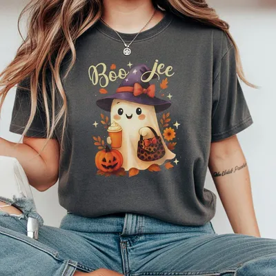 Halloween Boo Jee Ghost With Witch Hat And Pumpkin Graphic T-Shirt Trending T-Shirt Casual Streetwear T-Shirt