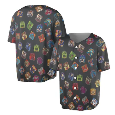 Cartoon Diamond Jersey, Colorful Character Tiles, Black Background, Comic Style, Abstract Gamer Streetwear Baseball Jersey